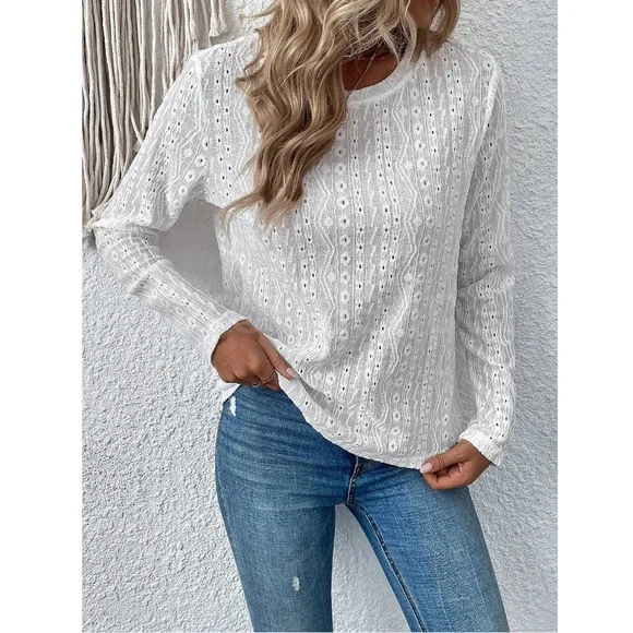 White Long Sleeve Tee Shirt Eyelet Embroidery Somewhat Sheer Round Neck - Picture 3 of 9